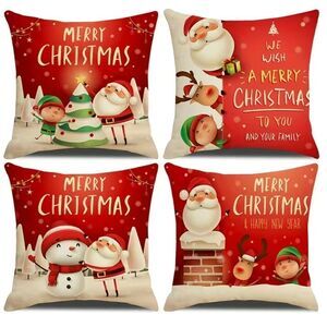 4pcs Linen Christmas Single Sided Printed Pillowcase For Home Christmas Decor